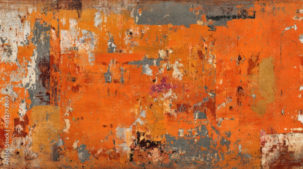 Poster bold strokes of orange interact with muted grays, creating a textured surface that evokes a sense of