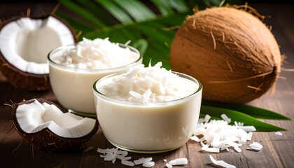 Two creamy coconut desserts in glass bowls, garnished with shredded coconut, next to halved coconuts and palm leaves on a wooden surface