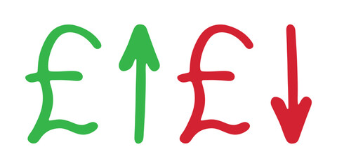 Hand drawn british pound currency symbol Growth and fall profit with arrow up and down Brush stroke doodle Element for design