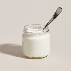 A jar of fresh yogurt with a spoon placed inside, ready to be enjoyed