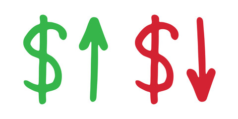 Hand drawn dollar currency symbol Growth and fall profit with arrow up and down Brush stroke doodle Element for design