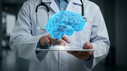 Physician Using Tablet with Brain Graphic for Innovative Treatment - Powered by Adobe