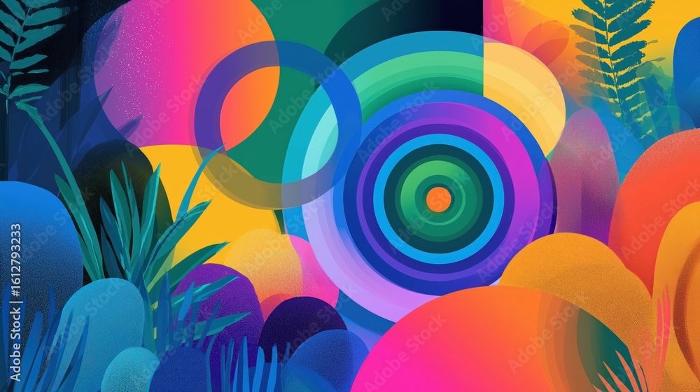 Poster vibrant abstract artwork featuring colorful overlapping circles and geometric shapes with a dynamic 