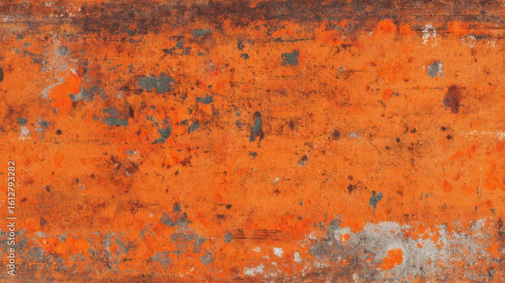 Aufkleber surface shows a vibrant orange color with peeling layers and patches of rust and gray. the rough tex
