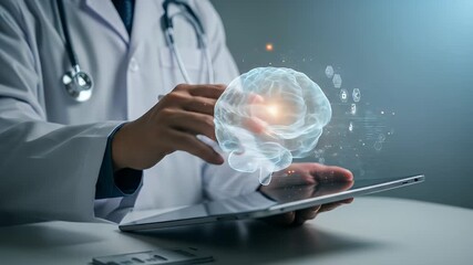 Doctor Examining Brain Scan on Tablet Medical Professional Analyzing Medical Data - Powered by Adobe
