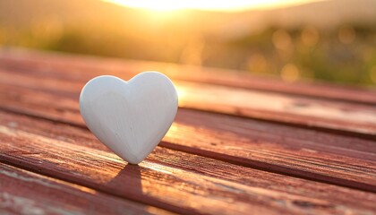 White heart rests on weathered red planks, bathed in warm light
