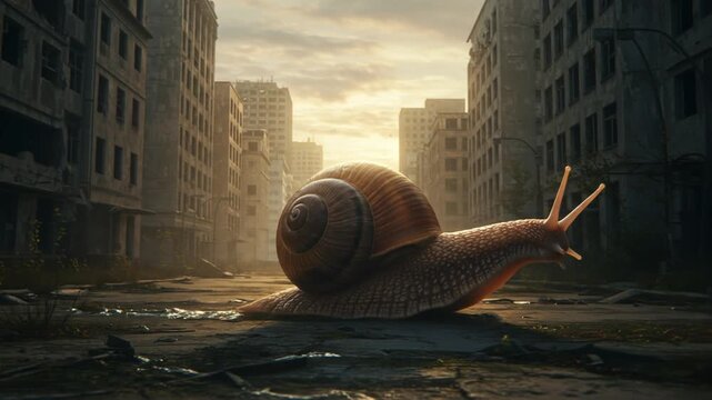 Giant snail crawls through ruined cityscape