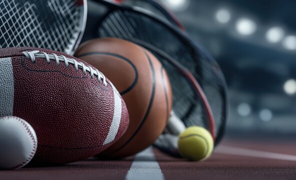 A close-up of various sports balls including football, basketball, baseball, and tennis ball on a court with rackets in the background.