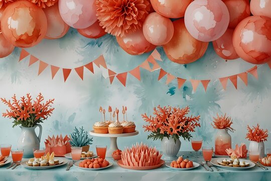 Coral-themed party decorations in watercolor style