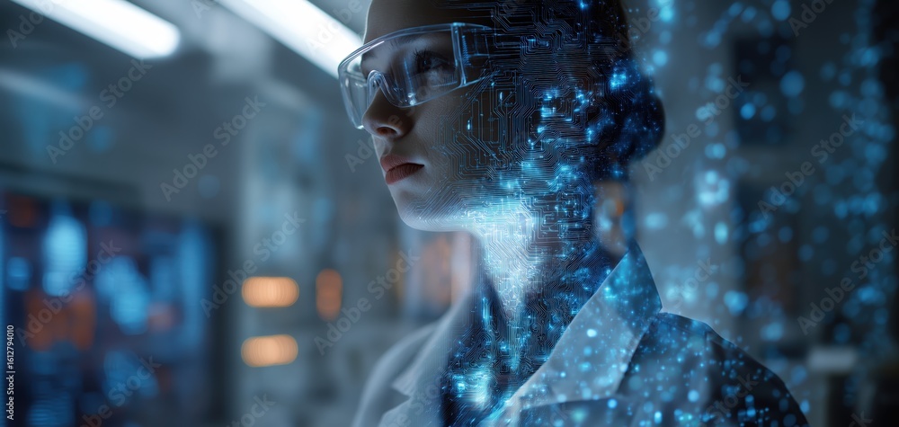Poster a scientist in futuristic glasses studies advanced ai or digital technology, surrounded by glowing b