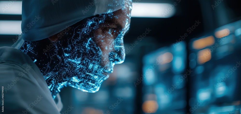 Poster a futuristic humanoid robot with digital circuitry on its face contemplates multiple glowing screens