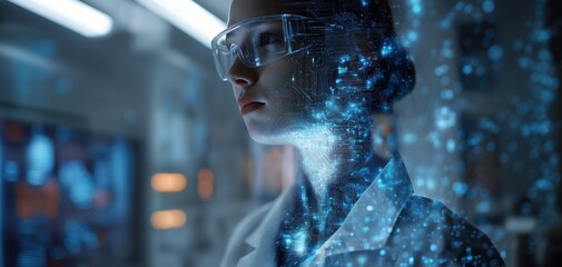 A scientist in futuristic glasses studies advanced AI or digital technology, surrounded by glowing blue data in a high-tech lab environment.