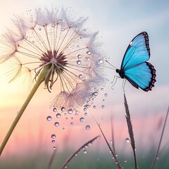 Butterfly resting on a dandelion blowing in the sky