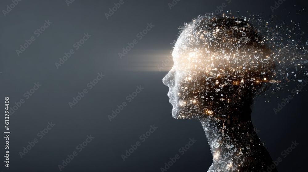 Poster light beams radiate from an open head filled with floating icons of knowledge, capturing the essence