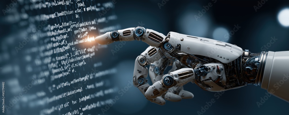Poster a robotic hand interacts with floating digital code, symbolizing ai, automation, and futuristic tech
