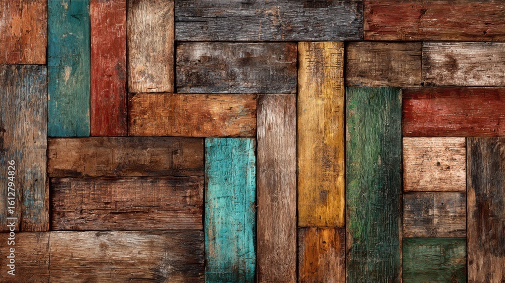 Poster a visually striking arrangement of wooden planks in various colors and textures creates a patchwork 