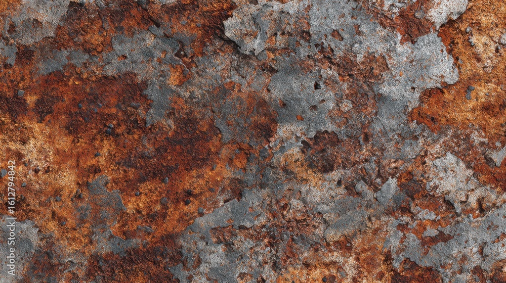Poster close-up view of a weathered metal surface displays a mixture of orange and gray hues, revealing dee
