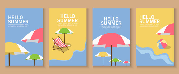 Fototapeta premium Summer holiday on sea and sand beach poster banner design, hello summer Minimalist background with palm leaves cards balls, umbrella, fun concept design for sale, post template.