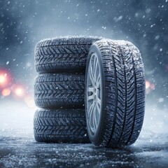Winter tires stacked up in a snowy weather, ready for safe driving in icy conditions
