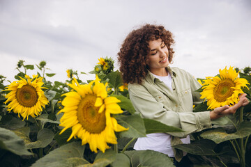 Female agronomist inspecting sunflowers in a field