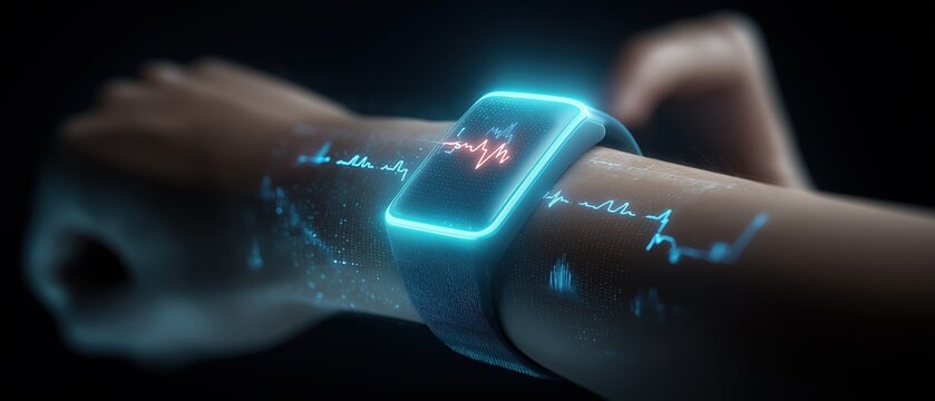 A futuristic smartwatch on a wrist displays real-time heart rate data with glowing blue holographic elements in a dark, high-tech environment.