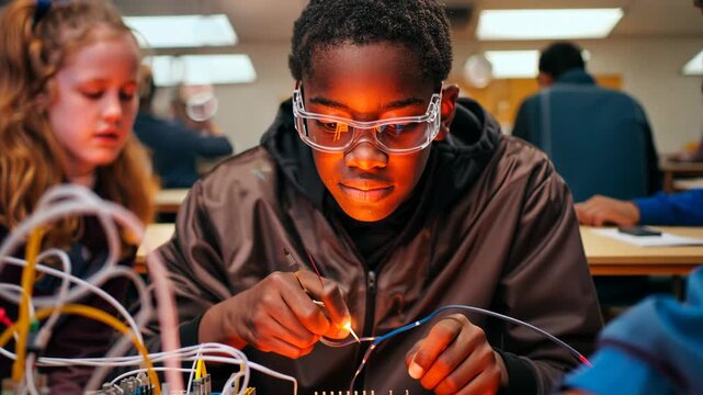 selective focus on a science table with students testing electric flow using light bulbs and switches
