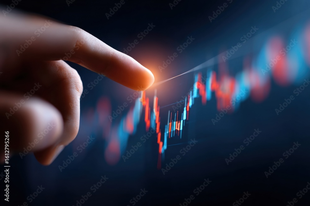 Poster a person interacts with data graphs, examining trends in world financial markets with a focus on inv
