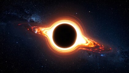 A supermassive black hole's accretion disk, glowing intensely, surrounded by a starry backdrop