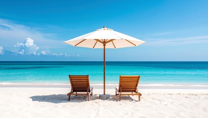Two lounge chairs sit on a pristine beach under a white umbrella, facing a calm turquoise ocean under a vibrant blue sky