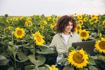 Agronomist using laptop in sunflower field enjoying agricultural activity
