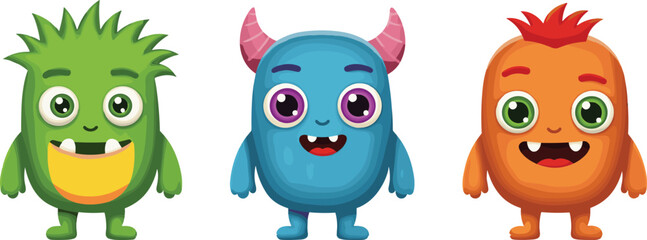 Cute Cartoon Monsters Set – Colorful Funny Characters with Expressions, Ideal for Kids, Games, Animation, Stickers, and Lifestyle Themes
