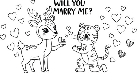 Cute Deer Proposing to Tiger with Engagement Ring – Romantic Animal Characters, Love Scene, Valentine’s Day Marriage Proposal Illustration