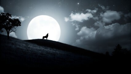 Lone Wolf Howling at Full Moon on Hilltop Under Cloudy Night Sky
