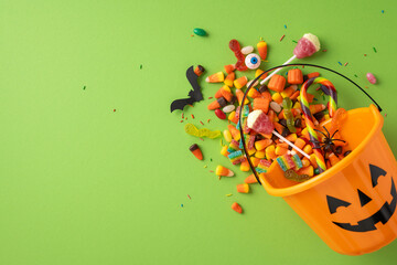 An orange Halloween bucket spills vibrant candies and decorations on a green backdrop