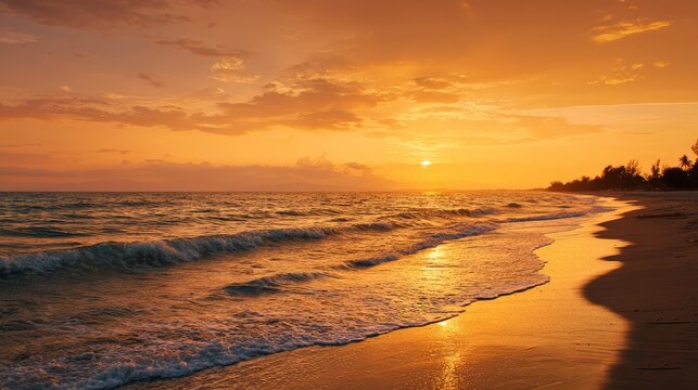 A breathtaking golden sunset over a tranquil tropical beach with gentle waves reflecting the warm, glowing sky.