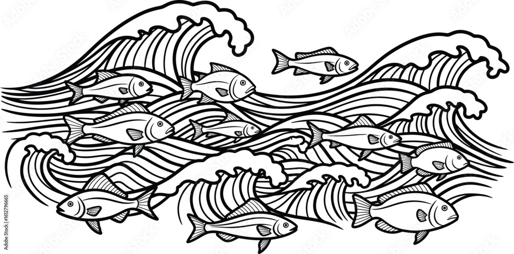 Aufkleber vector art of a dynamic illustration showcases a school of fish swimming through stylized waves, cre