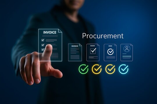 Businessman Using Digital Procurement System Interface with Invoice Documents.