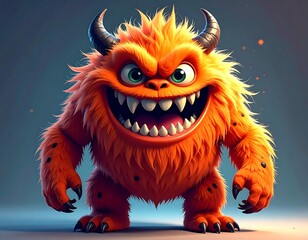 Fototapeta premium A grumpy, orange, furry monster with horns and sharp teeth smiles menacingly