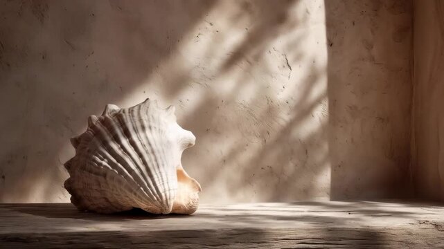 A large seashell rests on a wooden shelf against a textured wall. Soft shadows create a serene atmosphere, highlighting the shell's intricate details.