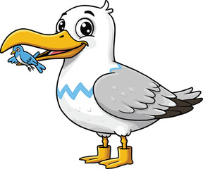 Funny Cartoon Seagull Holding Small Blue Bird – Cute Animal Character Illustration for Children’s Book, Poster, or Educational Content