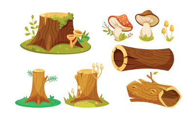 A Vibrantly Colorful Collection of Wooden Stumps and Cute Mushrooms in a Forest Setting