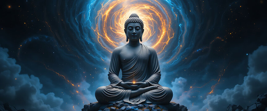 Serene Buddha Statue in Cosmic Nebula with Blue and Gold Light - Powered by Adobe