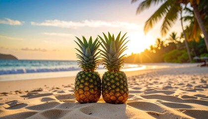 Two pineapples sit on a sandy beach at sunset, with palm trees in the background