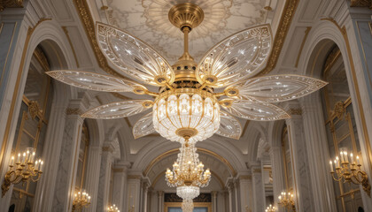 Fototapeta premium Stunning crystal chandelier illuminates a grand ballroom with ornate details and sparkling reflections, creating an atmosphere of luxury and timeless elegance for upscale events