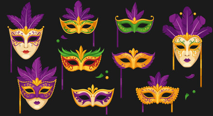 Naklejka premium Illustrated collection of ornate festival masks in purple, green, and gold, decorated with feathers and beads for a vibrant celebration.