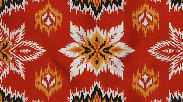 Intricate textile design showcasing vibrant red, white, and gold ikat pattern.