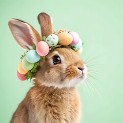 Easter bunny sitting with colorful eggs