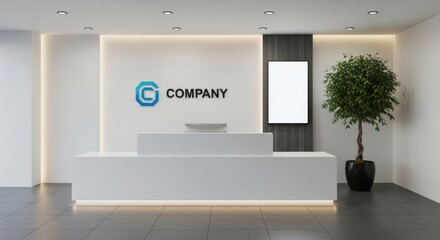 Modern office reception desk with company logo and digital screen display