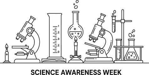 Vector art of a line drawing illustration of scientific equipment, including microscopes, beakers, and flasks, to promote science awareness week isolated on white background
