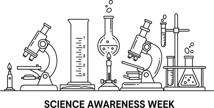 Vector art of a line drawing illustration of scientific equipment, including microscopes, beakers, and flasks, to promote science awareness week isolated on white background - Powered by Adobe